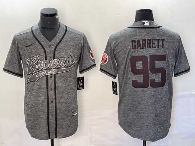 Mens Cleveland Browns #95 Myles Garrett Gray With Patch Cool Base Stitched Baseball Jersey